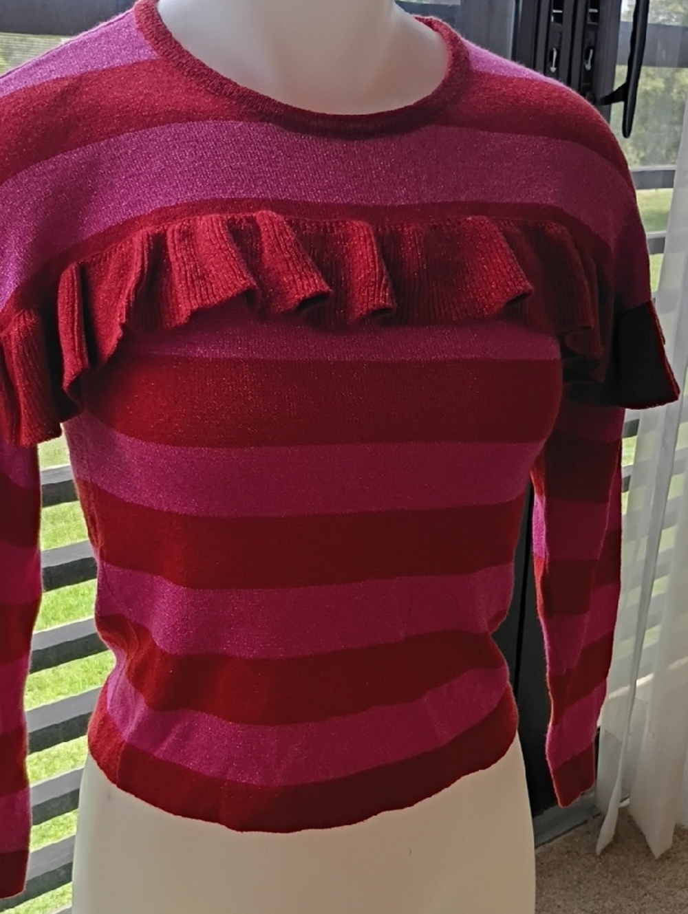 kate spade Red and Pink Striped Ruffle Crewneck Sweater